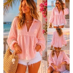Ces Femme Blush Pink Gauze Babydoll Tunic Top Boho Beachy Size L